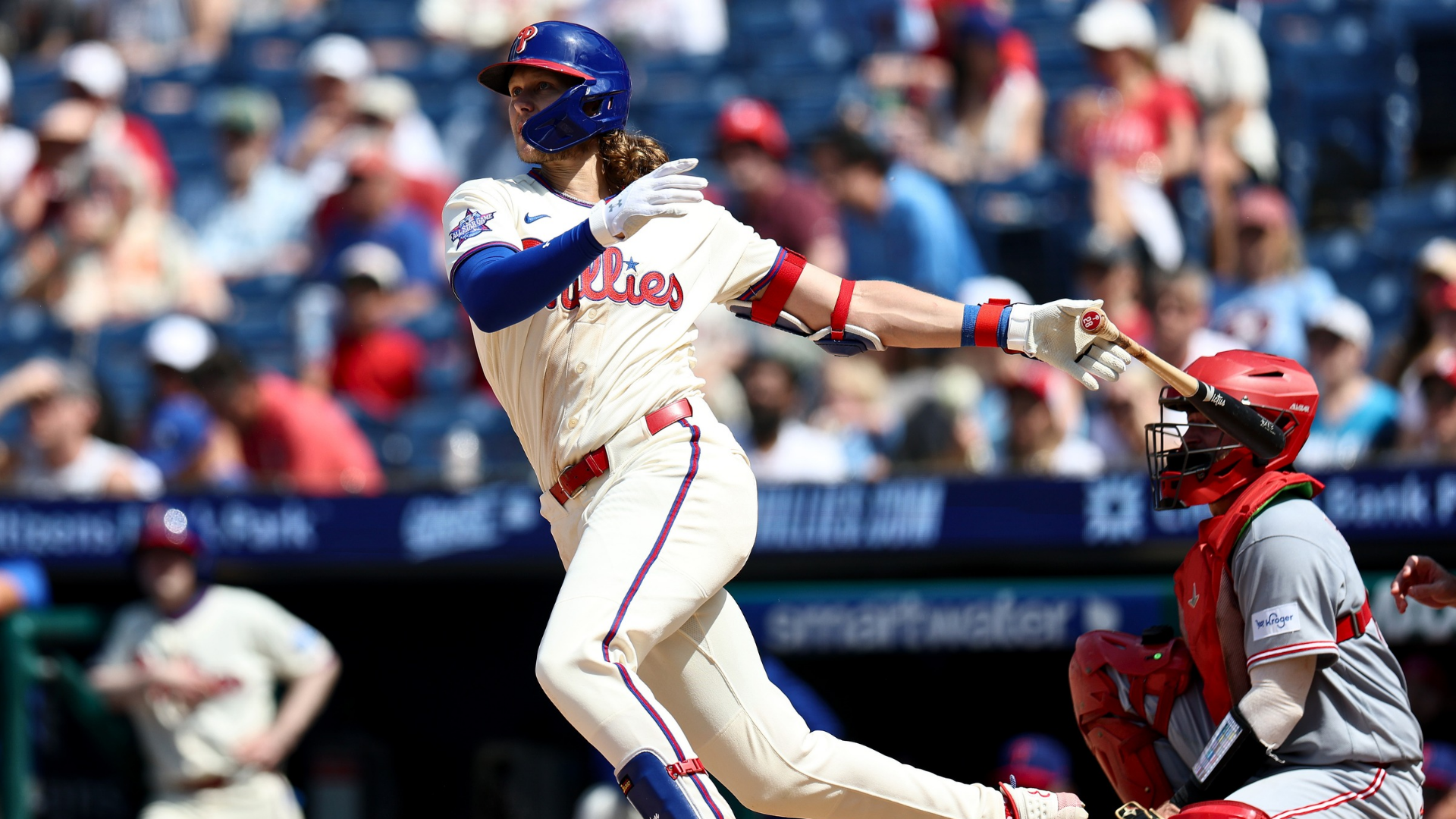 Alec Bohm #28 of the Philadelphia Phillies hits a solo home run in the sixth inning against the Cincinnati Reds at Citizens Bank Park on May 20, 2026 in Philadelphia, Pennsylvania. (Photo by Emilee Chinn/Getty Images)