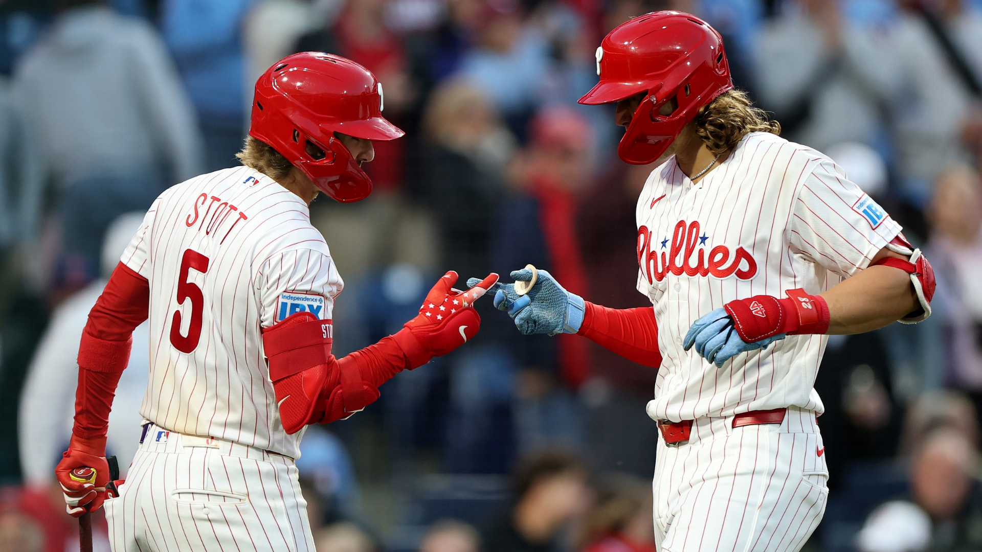 Alec Bohm #28 of the Philadelphia Phillies celebrates with Bryson Stott #5 after hitting a solo home run in the fourth inning during a game against the Colorado Rockies at Citizens Bank Park on May 09, 2026 in Philadelphia, Pennsylvania. (Photo by Emilee Chinn/Getty Images)