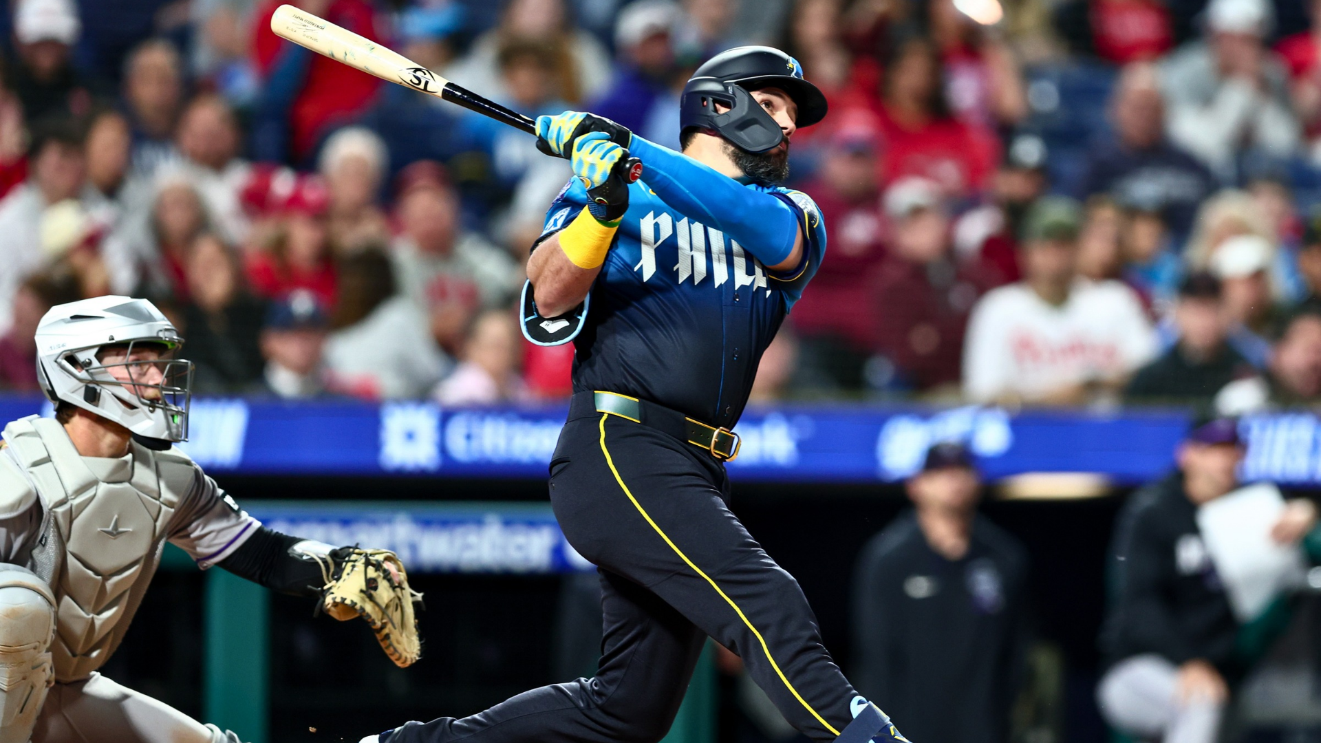 Kyle Schwarber #12 of the Philadelphia Phillies hits a two-run home run during the sixth inning against the Colorado Rockies at Citizens Bank Park on May 8, 2026 in Philadelphia, Pennsylvania. (Photo by Heather Barry/Getty Images)