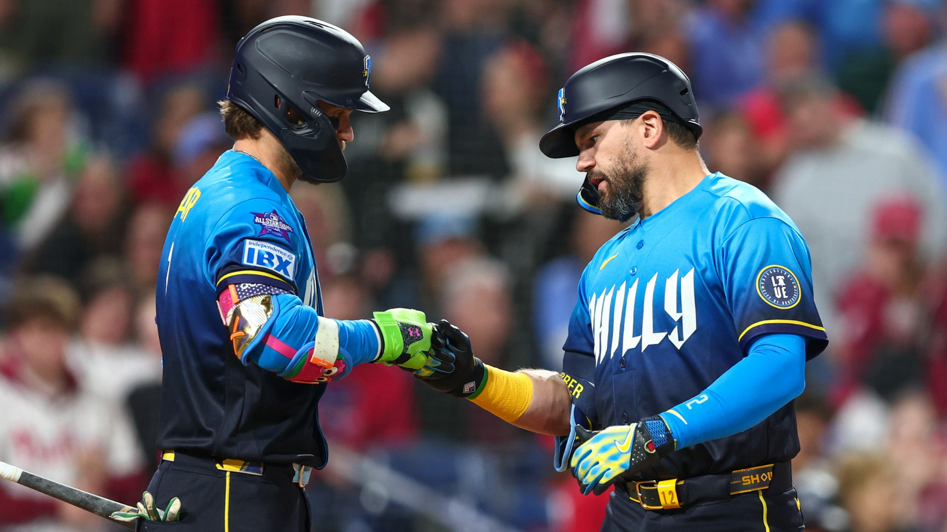 Kyle Schwarber #12 of the Philadelphia Phillies celebrates with Bryce Harper #3 after hitting a two-run home run during the sixth inning against the Colorado Rockies at Citizens Bank Park on May 8, 2026 in Philadelphia, Pennsylvania. (Photo by Heather Barry/Getty Images)