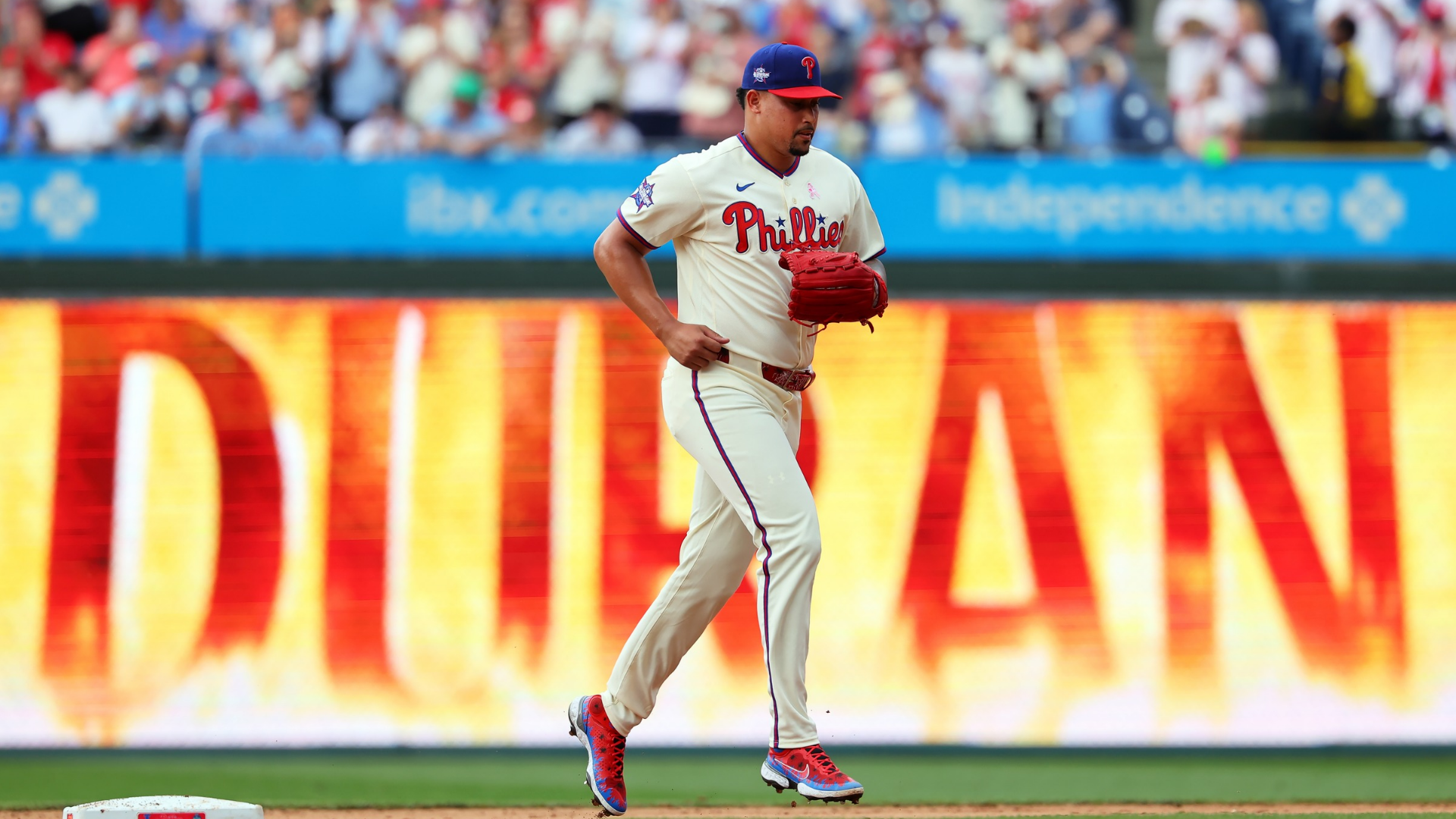 Jhoan Duran #59 of the Philadelphia Phillies enters the game in the ninth inning during a game against the Colorado Rockies at Citizens Bank Park on May 10, 2026 in Philadelphia, Pennsylvania. The Phillies won 6-0. (Photo by Hunter Martin/Getty Images)