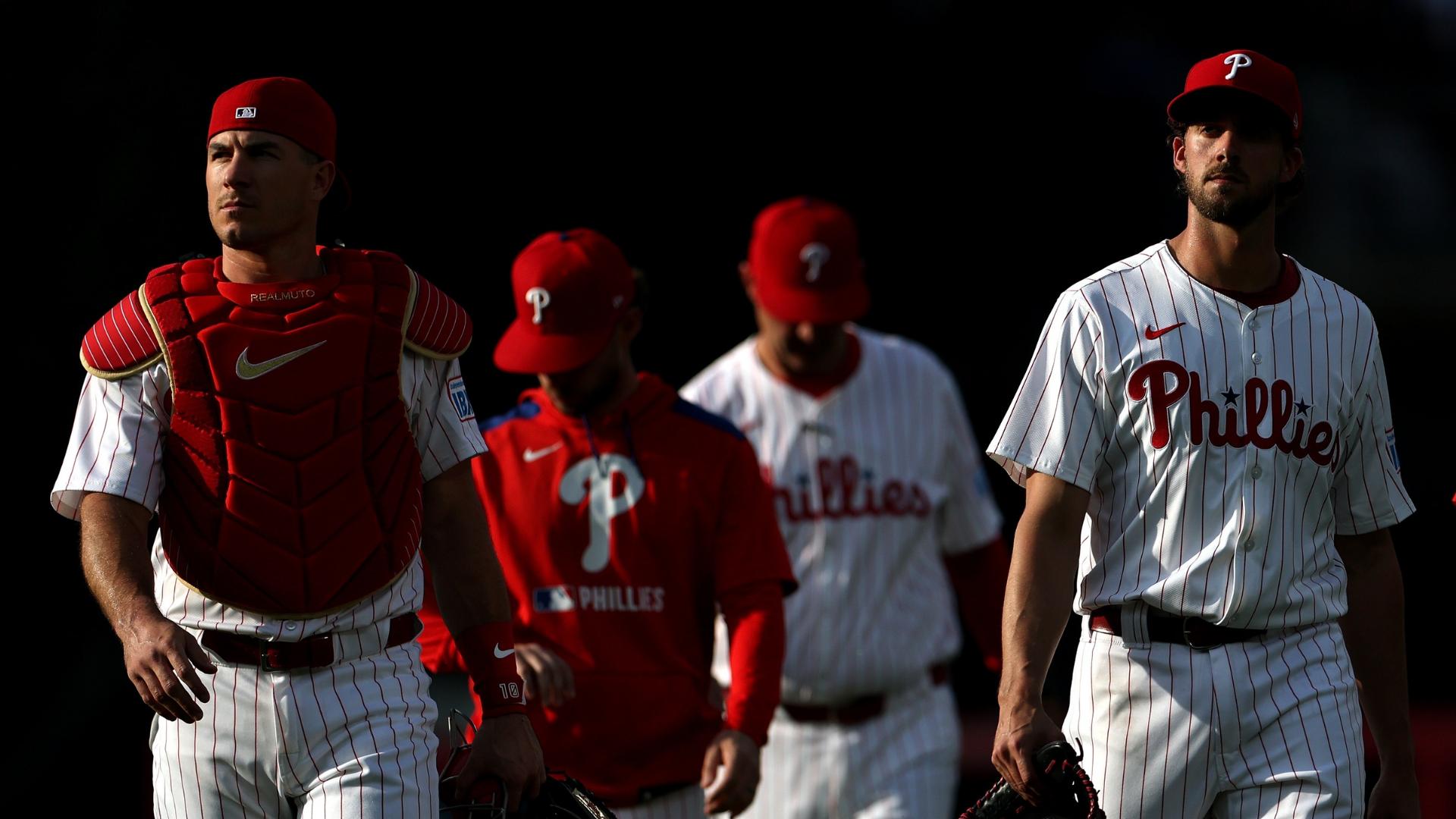 J.T. Realmuto #10 and Aaron Nola #27 of the Philadelphia Phillies walk from the bullpen before a game against the Arizona Diamondbacks at Citizens Bank Park on May 03, 2025 in Philadelphia, Pennsylvania. (Photo by Emilee Chinn/Getty Images)