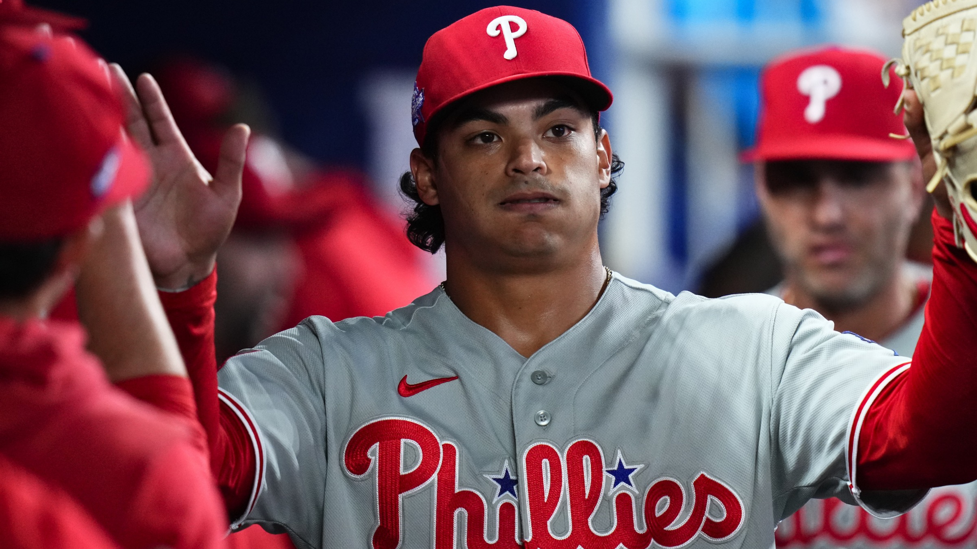 Jes&uacute;s Luzardo #44 of the Philadelphia Phillies celebrates with teammates at the end of the seventh inning against the Miami Marlins at loanDepot park on May 03, 2026 in Miami, Florida. (Photo by Rich Storry/Getty Images)