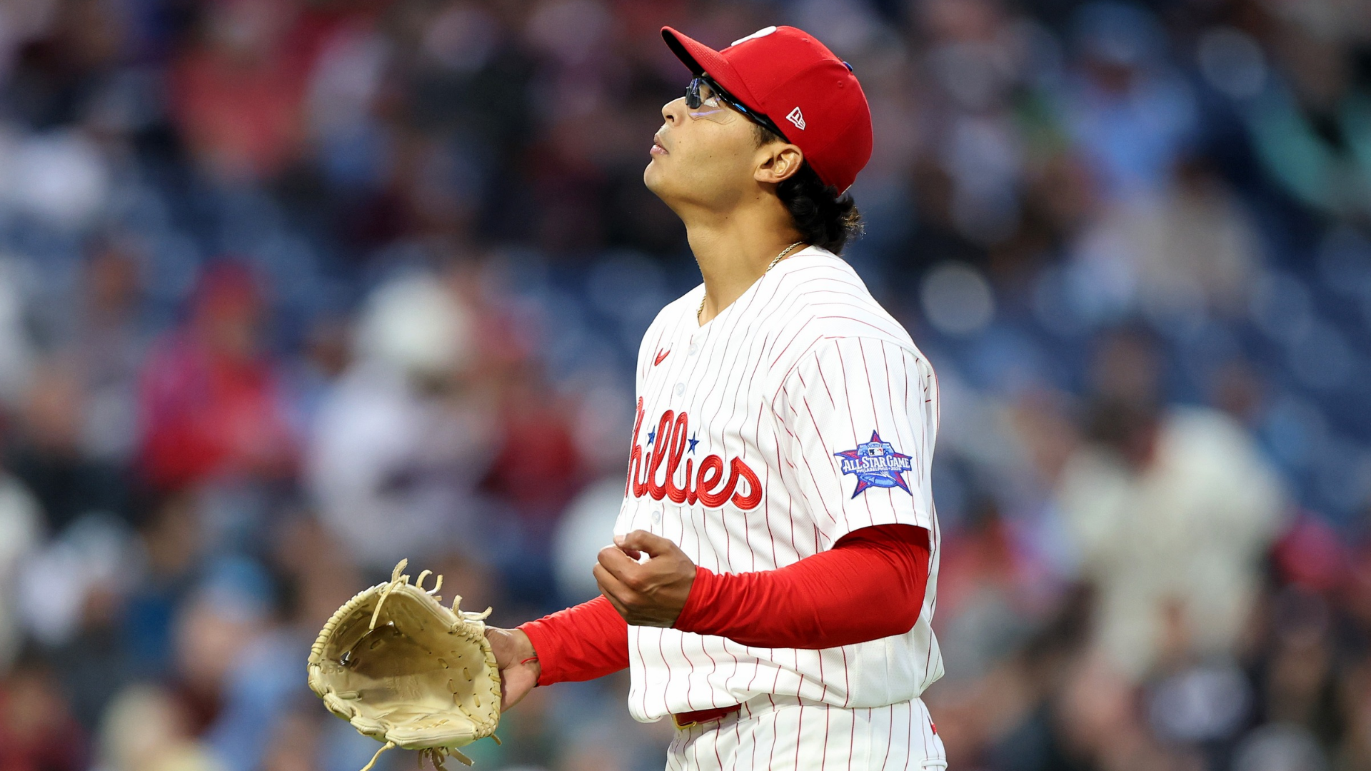 Jes&uacute;s Luzardo #44 of the Philadelphia Phillies celebrates after the second inning during a game against the San Francisco Giants at Citizens Bank Park on April 28, 2026 in Philadelphia, Pennsylvania. (Photo by Emilee Chinn/Getty Images)