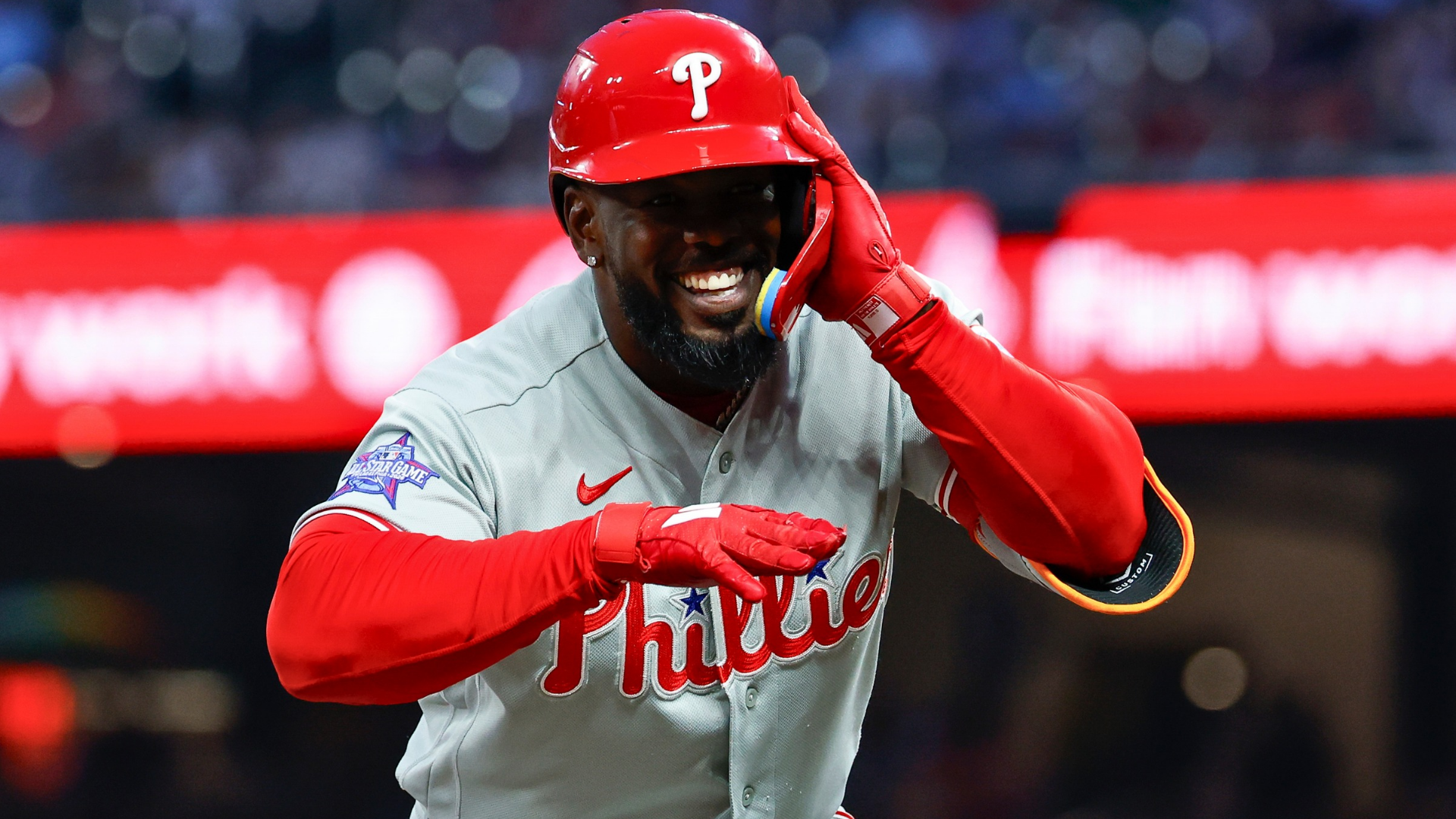 Adolis Garcia #53 of the Philadelphia Phillies reacts after an RBI triple during the first inning against the Atlanta Braves at Truist Park on April 25, 2026 in Atlanta, Georgia. (Photo by Todd Kirkland/Getty Images)