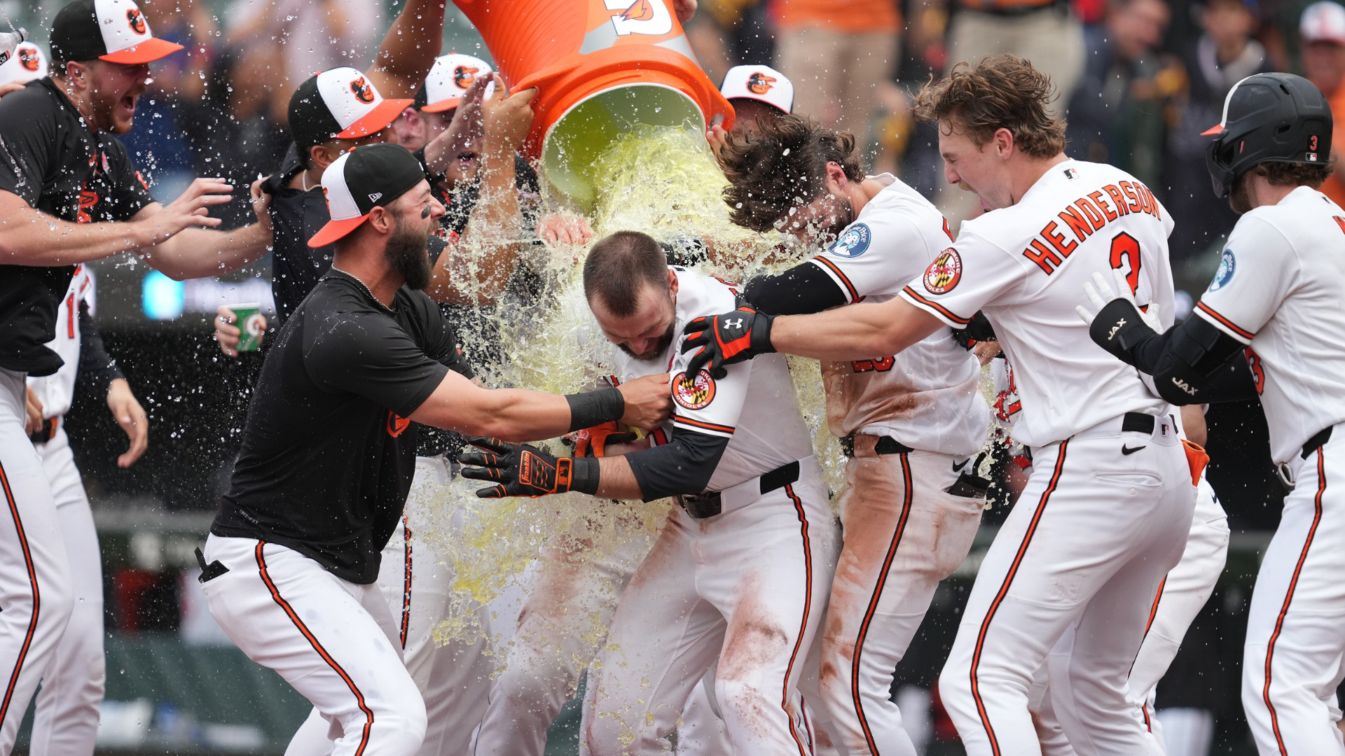 Colton Cowser #17 of the Baltimore Orioles celebrates hitting the game-winning two-run home run in the 13th inning inning with teammates during the baseball game against the Tampa Bay Rays at Oriole Park at Camden Yards on May 25, 2026 in Baltimore, Maryland. (Photo by Mitchell Layton/Getty Images)