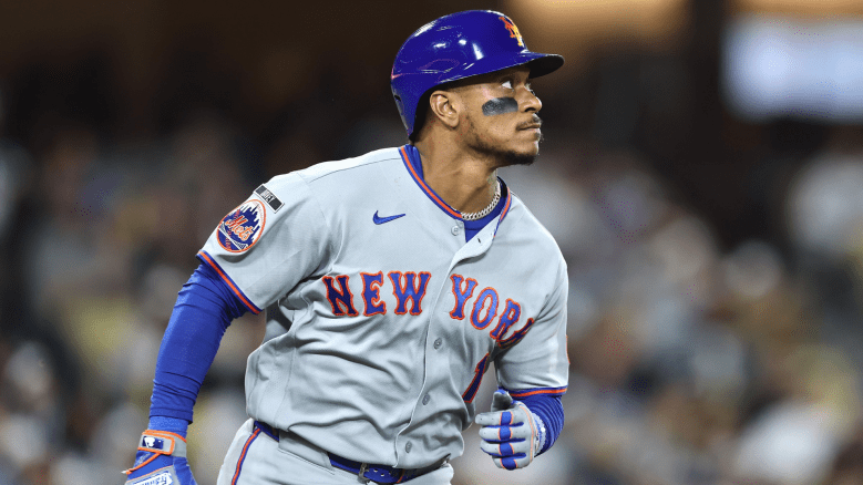 Jorge Polanco #11 of the New York Mets runs to first base during a game against the Los Angeles Dodgers at Dodger Stadium on April 13, 2026 in Los Angeles, California. (Photo by Sean M. Haffey/Getty Images)