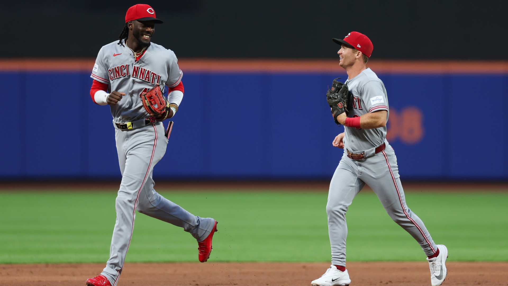 Elly de la Cruz #44 and Matt McLain #9 of the Cincinnati Reds run back to the dugout after the second inning against the New York Mets at Citi Field on May 26, 2026 in the Queens borough of New York City. (Photo by Ishika Samant/Getty Images)