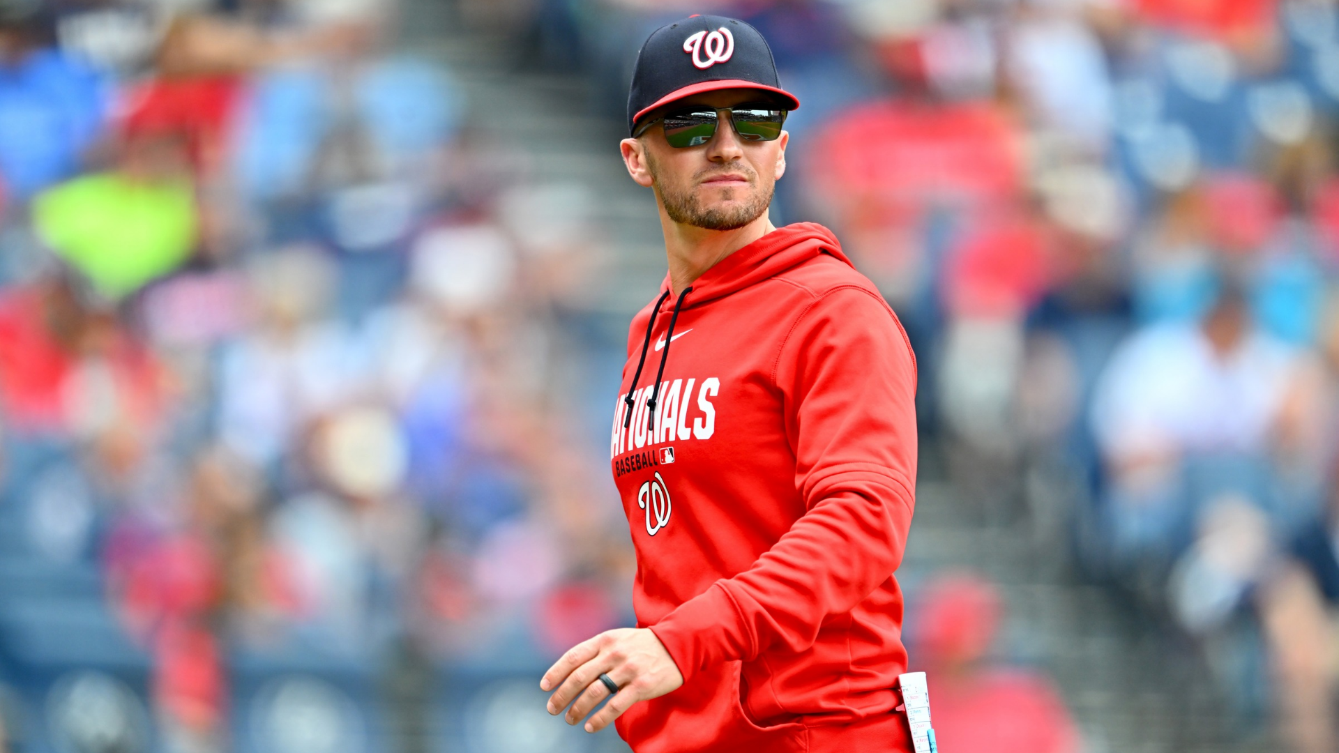 Manager Blake Butera #10 of the Washington Nationals walks back to the dugout after a pitching change during the fifth inning against the Cleveland Guardians at Progressive Field on May 27, 2026 in Cleveland, Ohio. (Photo by Jason Miller/Getty Images)