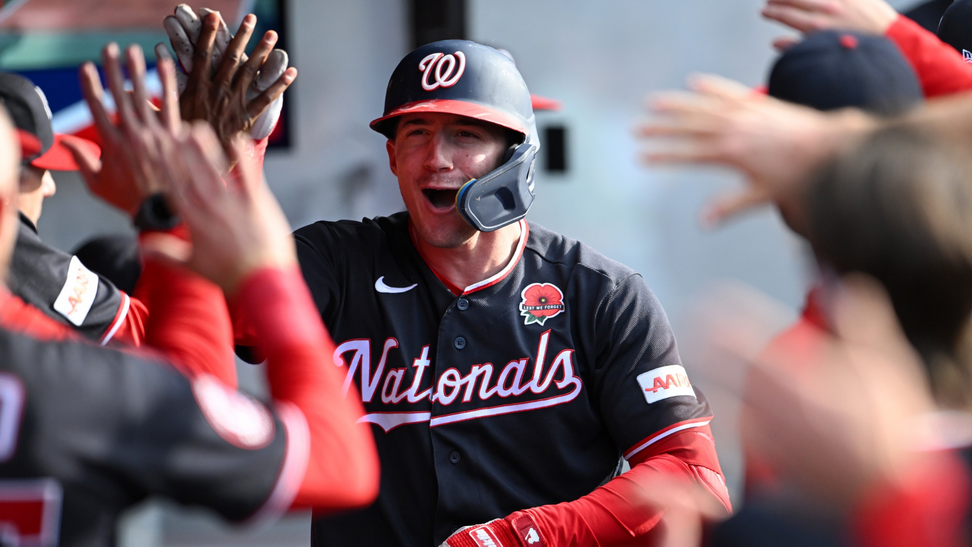 Jacob Young #30 of the Washington Nationals celebrates with teammates after hitting a solo home run during the second inning against the Cleveland Guardians at Progressive Field on May 25, 2026 in Cleveland, Ohio. (Photo by Nick Cammett/Getty Images)