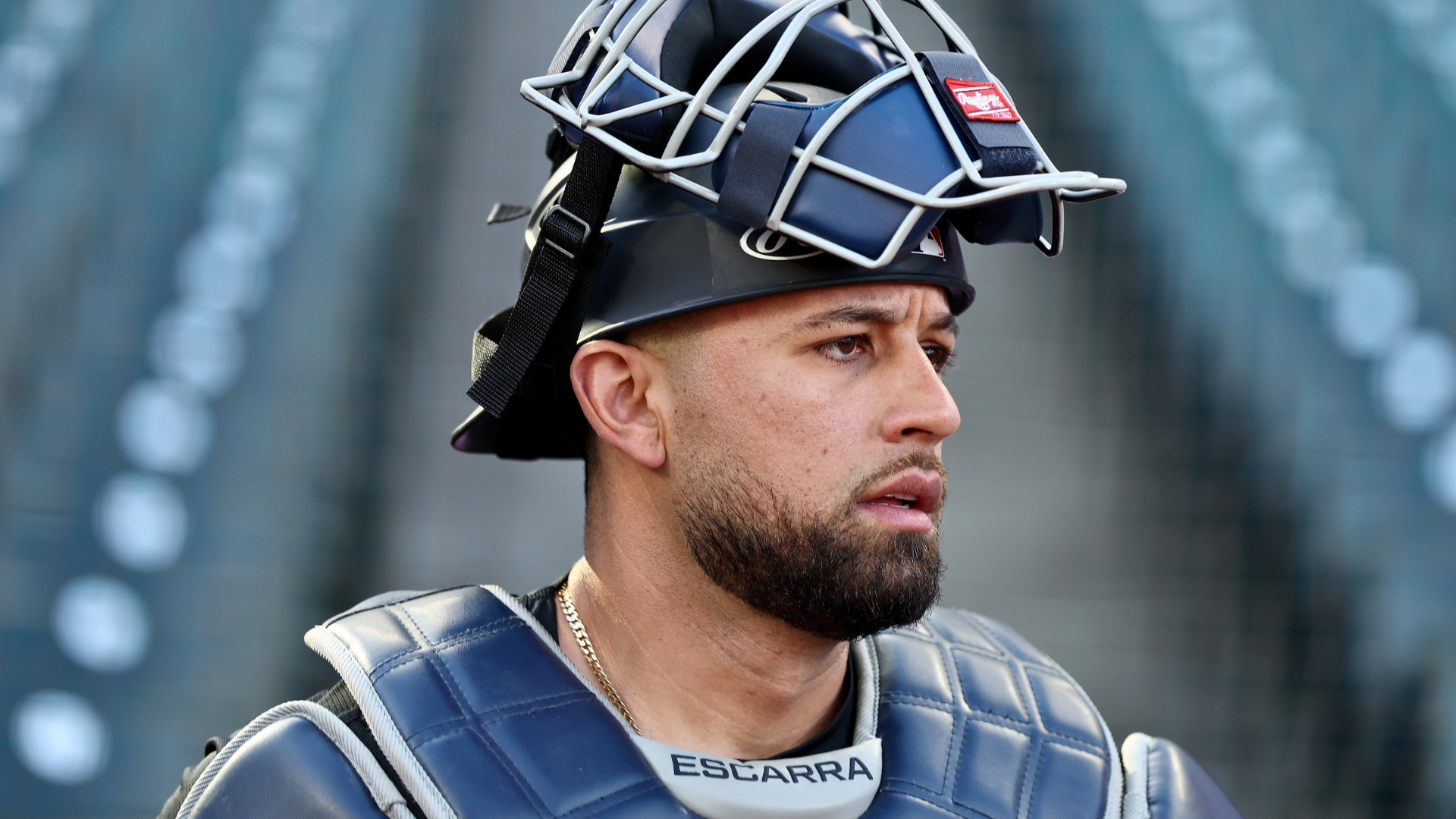 J.C. Escarra #25 of the New York Yankees looks on during batting practice before the game against the Seattle Mariners at T-Mobile Park on March 30, 2026 in Seattle, Washington. (Photo by Steph Chambers/Getty Images)