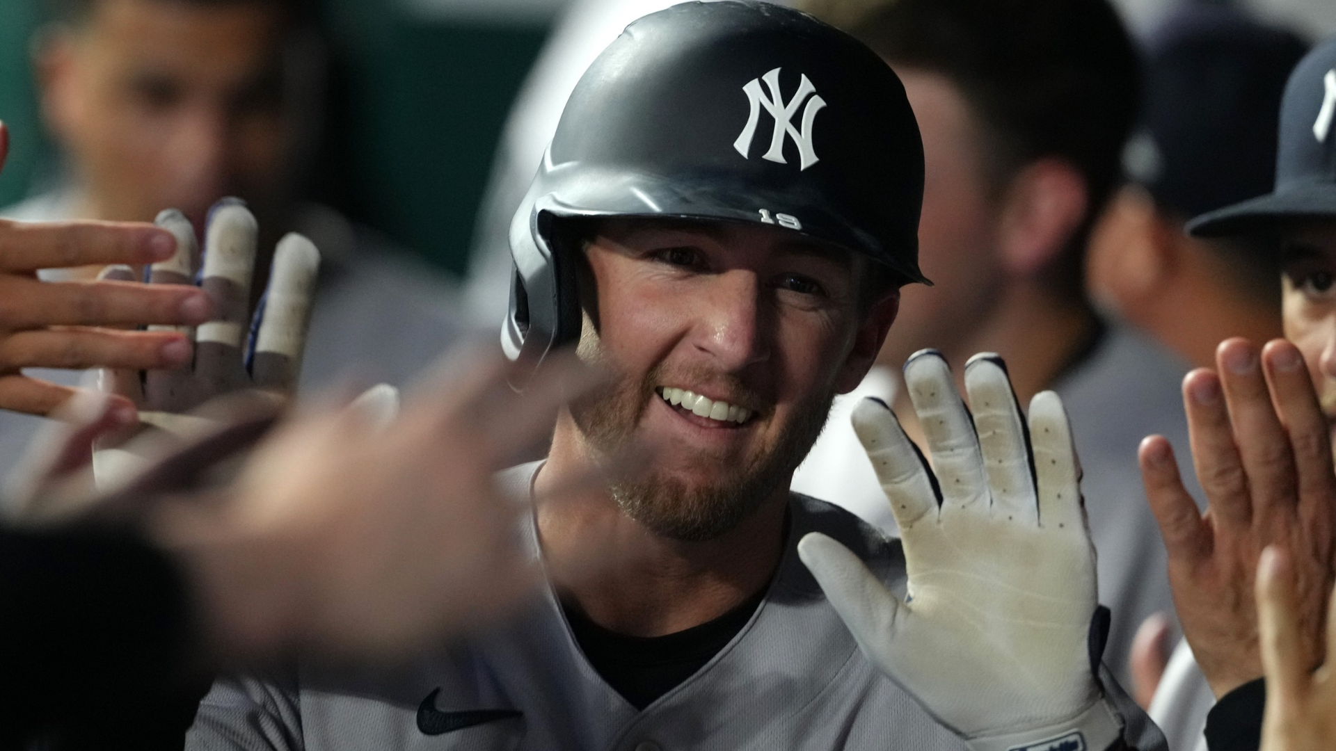 Ryan McMahon #19 of the New York Yankees celebrates his two-run home run in the eighth inning against the Kansas City Royals at Kauffman Stadium on May 27, 2026 in Kansas City, Missouri. (Photo by Ed Zurga/Getty Images)