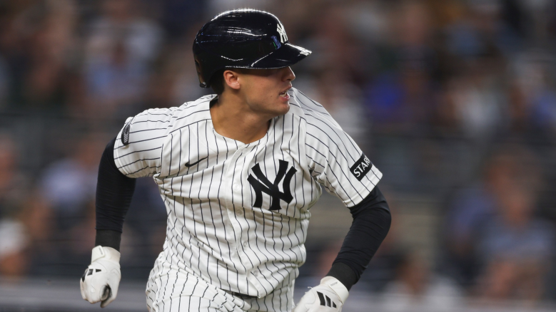 Anthony Volpe #11 of the New York Yankees runs after a single during the fourth inning against the Toronto Blue Jays at Yankee Stadium on May 19, 2026 in the Bronx borough of New York City. (Photo by Ishika Samant/Getty Images)