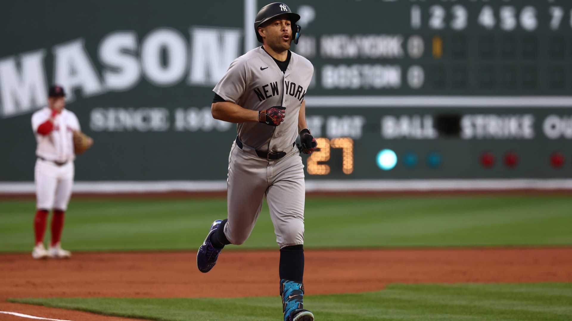 Giancarlo Stanton #27 of the New York Yankees rounds the bases after his home run against the Boston Red Sox during the second inning at Fenway Park on April 21, 2026 in Boston, Massachusetts. (Photo By Winslow Townson/Getty Images)