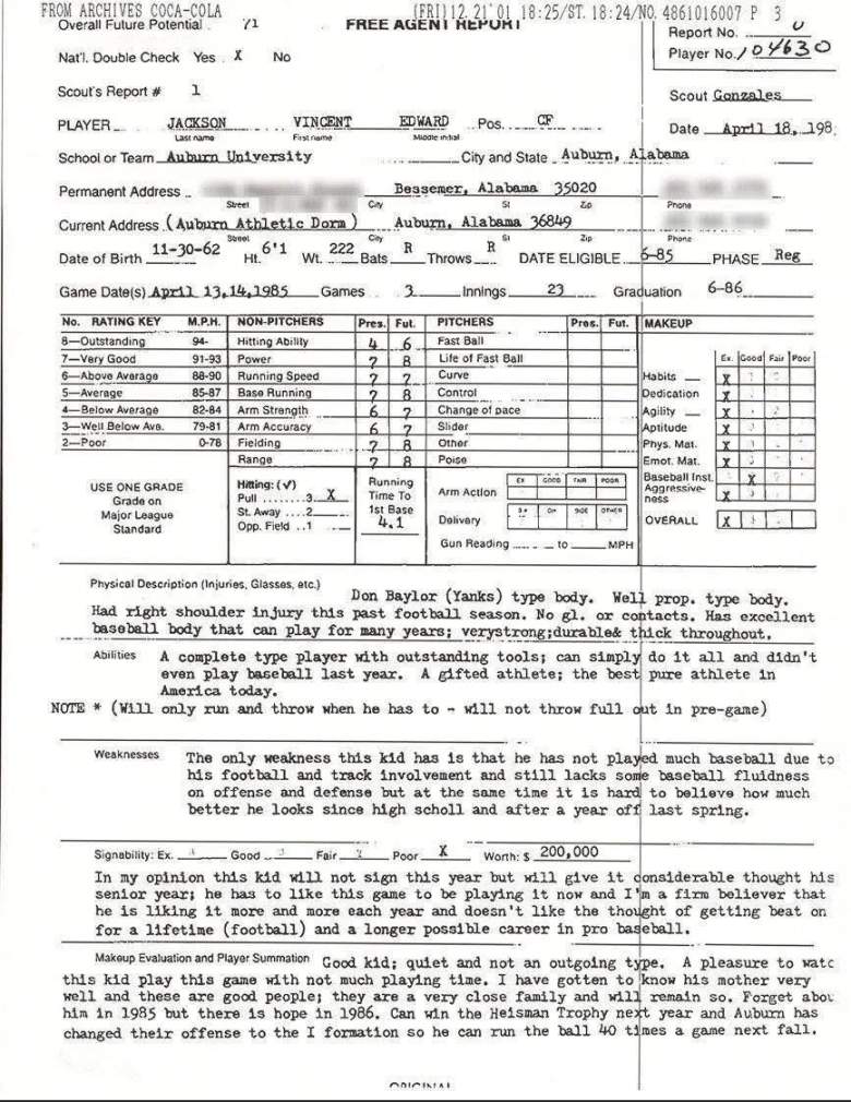 A Bo Jackson scouting report, dated 1985.