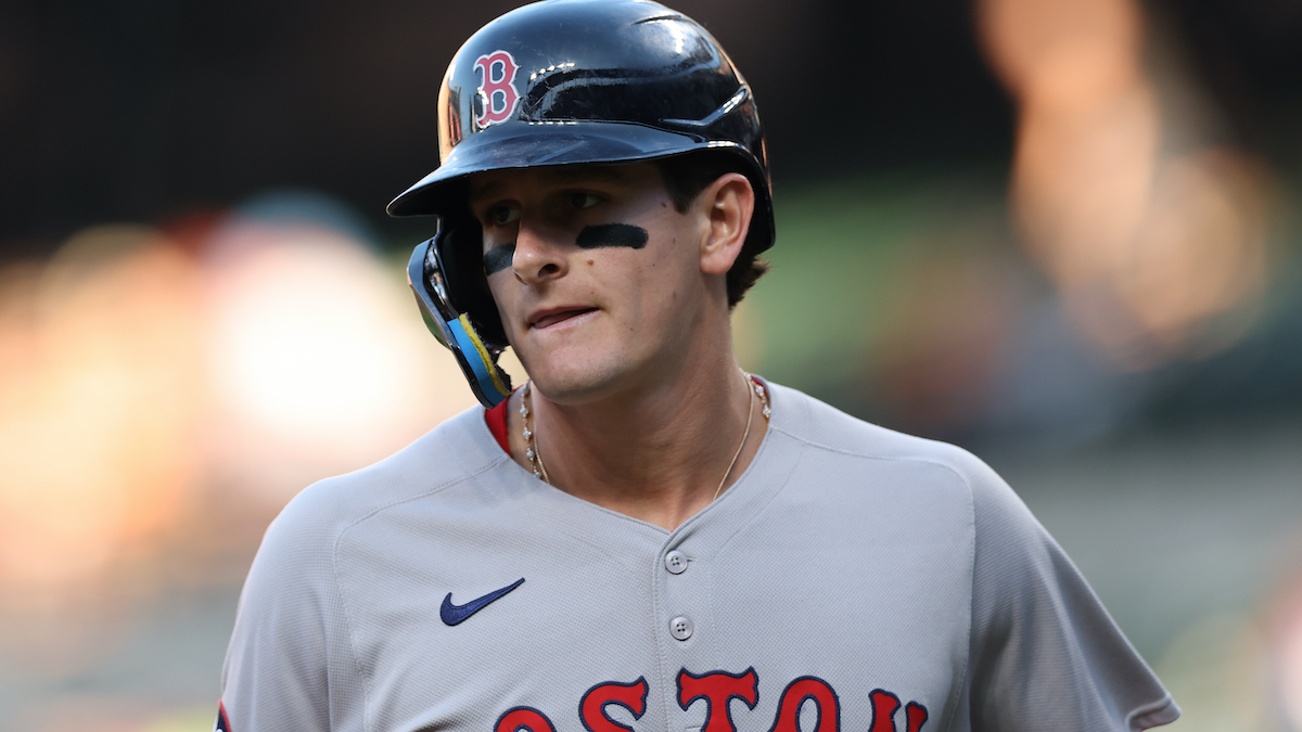 Roman Anthony #19 of the Boston Red Sox rounds the bases.