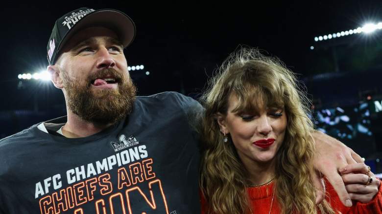Travis Kelce #87 of the Kansas City Chiefs (L) celebrates with Taylor Swift after defeating the Baltimore Ravens in the AFC Championship Game at M&T Bank Stadium on January 28, 2024 in Baltimore, Maryland