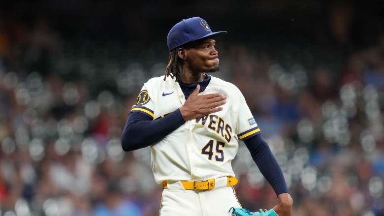 Milwaukee Brewers relief pitcher Abner Uribe celebrates a strikeout against the St. Louis Cardinals' Alec Burleson at American Family Field.
