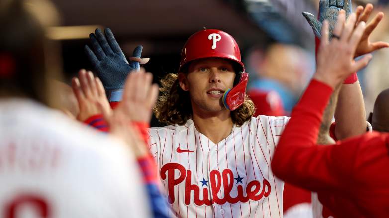 Philadelphia Phillies third baseman Alec Bohm celebrates in the dugout after hitting his second home run against Colorado Rockies pitcher Kyle Freeland at Citizens Bank Park.