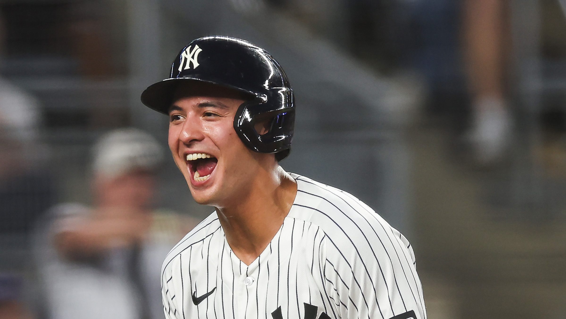 New York Yankees shortstop Anthony Volpe celebrates after scoring a run against the Toronto Blue Jays at Yankee Stadium on May 18, 2026.