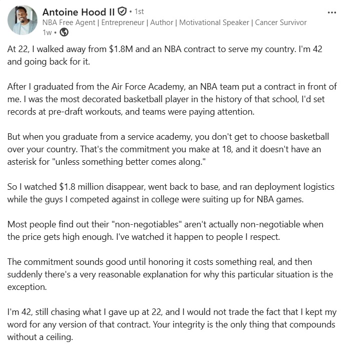 LinkedIn post by Antoine Hood, formerly of the San Antonio Spurs