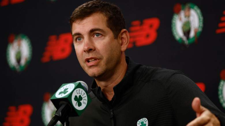 Brad Stevens speaks at a Boston Celtics press conference as the team explores potential offseason roster moves.