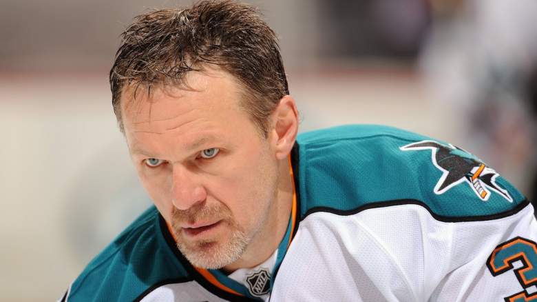 Claude Lemieux #32 of the San Jose Sharks looks on against the Anaheim Ducks.