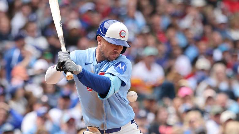 Alex Bregman of the Cubs gets hit by a pitch.