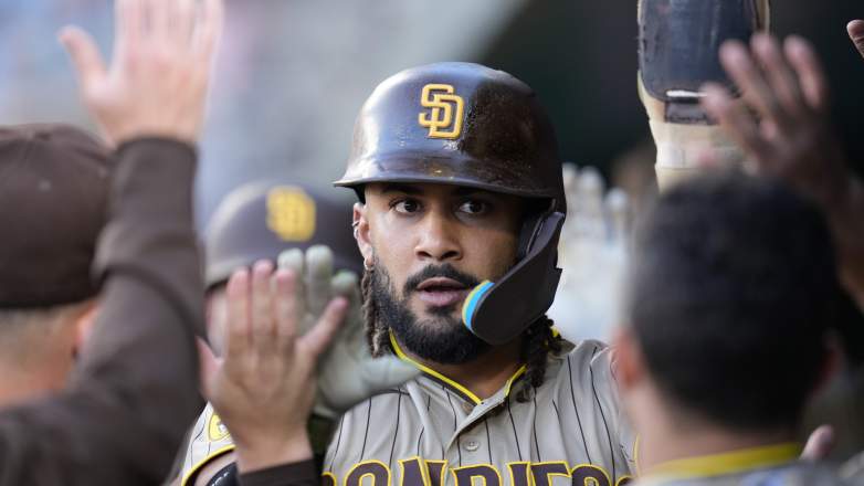Fernando Tatis Jr. celebrates in the San Diego Padres dugout after scoring on a Xander Bogaerts base hit against the Washington Nationals at Nationals Park on May 29, 2026.