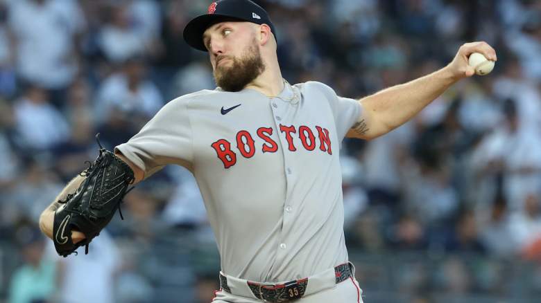 Boston Red Sox pitcher Garrett Crochet throws during a game as he progresses toward returning from a shoulder injury after live batting practice.