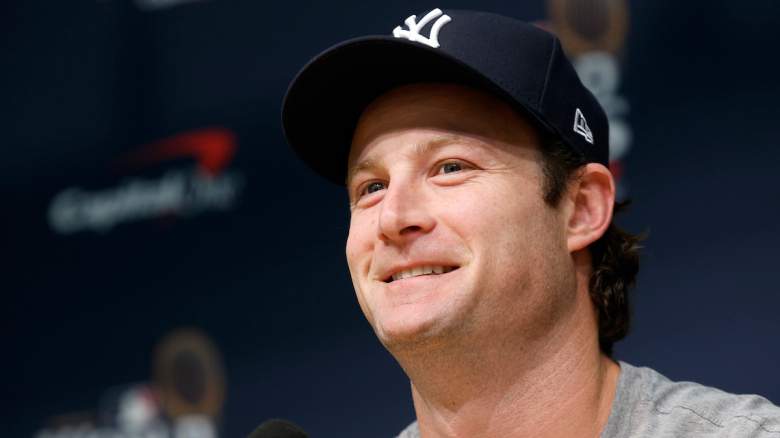 Yankees pitcher Gerrit Cole smiles during a media briefing.