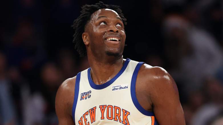 New York Knicks forward OG Anunoby reacts during playoff game amid encouraging injury return update from sports doctor Jesse Morse.