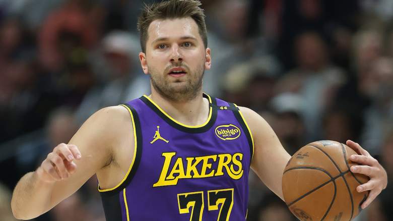 Luka Doncic reacts on the court.