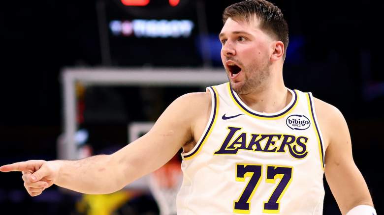 Luka Doncic Lakers pointing during game amid a new injury return timeline update.