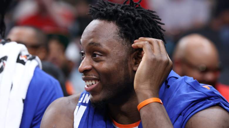 OG Anunoby reacts from the bench during a New York Knicks playoff game amid uncertainty over his hamstring injury status before Game 3 vs. the Philadelphia 76ers.