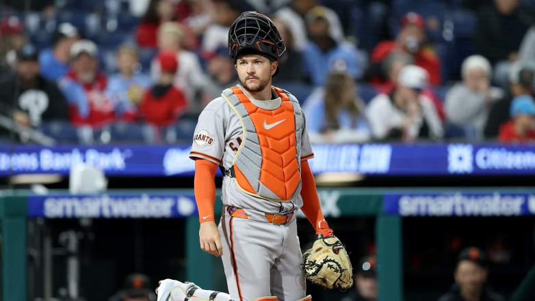 San Francisco Giants catcher Patrick Bailey looks into the dugout in a game against the Philadelphia Phillies at Citizens Bank Park.
