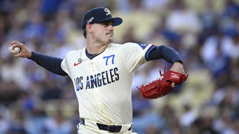 River Ryan pitching for the Los Angeles Dodgers during a baseball game
