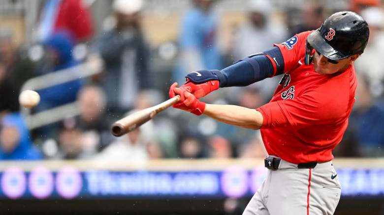 Red Sox outfielder Roman Anthony swings at a pitch during a spring training game as Boston awaits his return from injury.