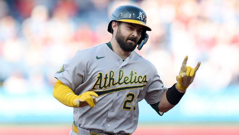 Athletics catcher Shea Langeliers trots around the bases after hitting a home run against the Philadelphia Phillies at Citizens Bank Park on May 7, 2026.