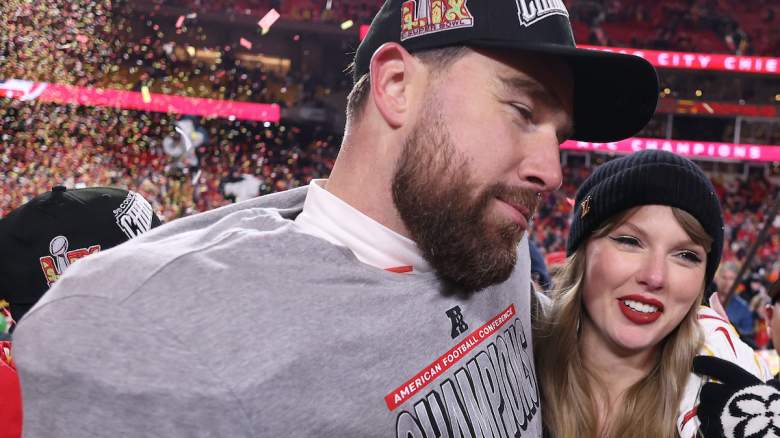 Travis Kelce and Taylor Swift celebrate on the field after the Kansas City Chiefs won the AFC Championship amid growing discussion about the couple’s reported wedding plans.