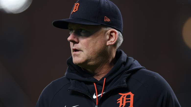 Manager A.J. Hinch of the Detroit Tigers looks on from the dugout.