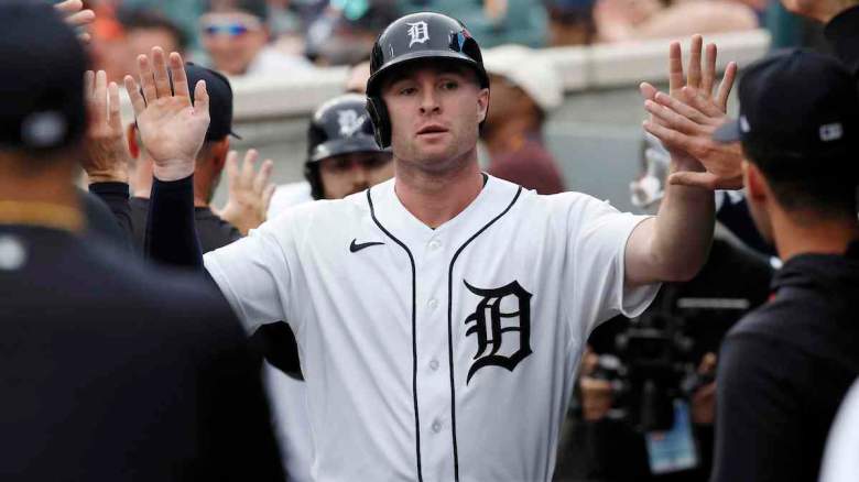 Colt Keith #33 of the Detroit Tigers celebrates.