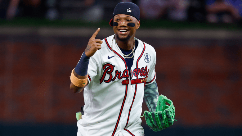Ronald Acuna Jr. #13 of the Atlanta Braves celebrates following the 4-3 victory over the Toronto Blue Jays at Truist Park on June 2, 2026 in Atlanta, Georgia. (Photo by Todd Kirkland/Getty Images)