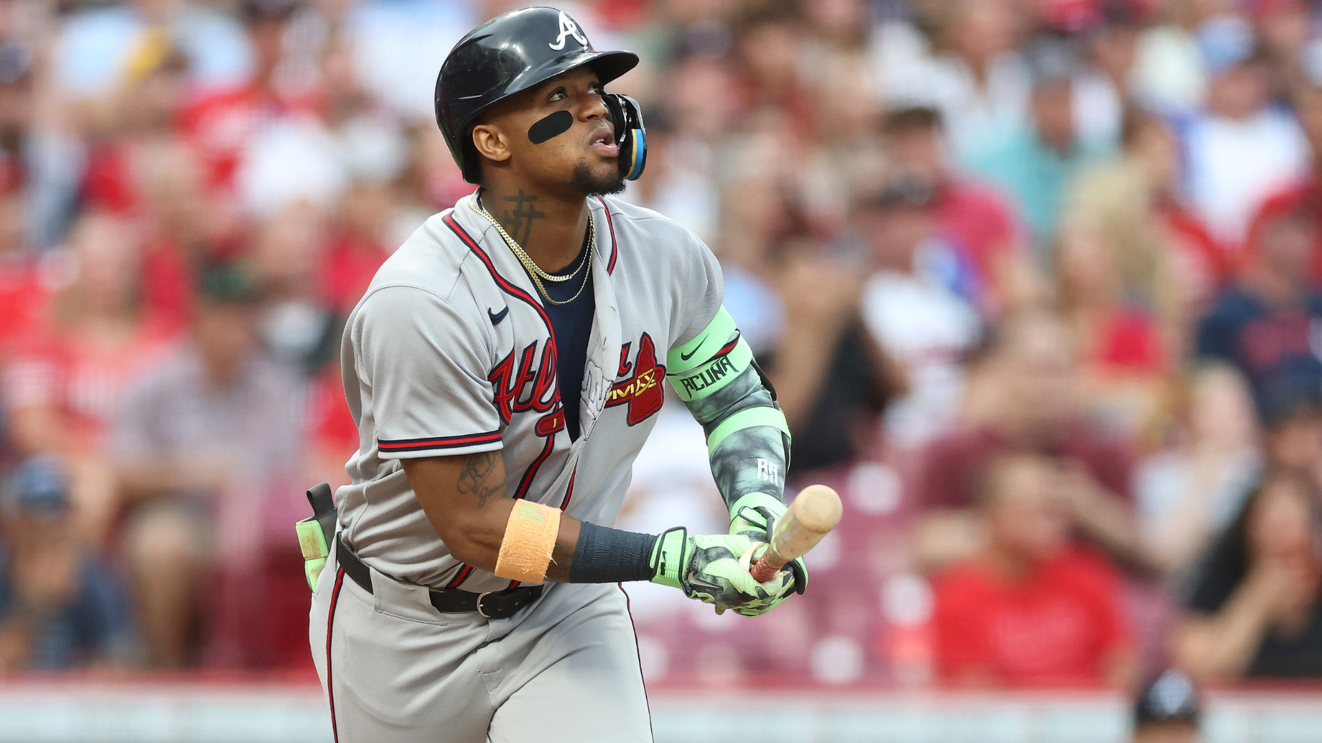 Ronald Acuna Jr. #13 of the Atlanta Braves hits a home run in the third inning against the Cincinnati Reds at Great American Ball Park on May 30, 2026 in Cincinnati, Ohio. (Photo by Andy Lyons/Getty Images)