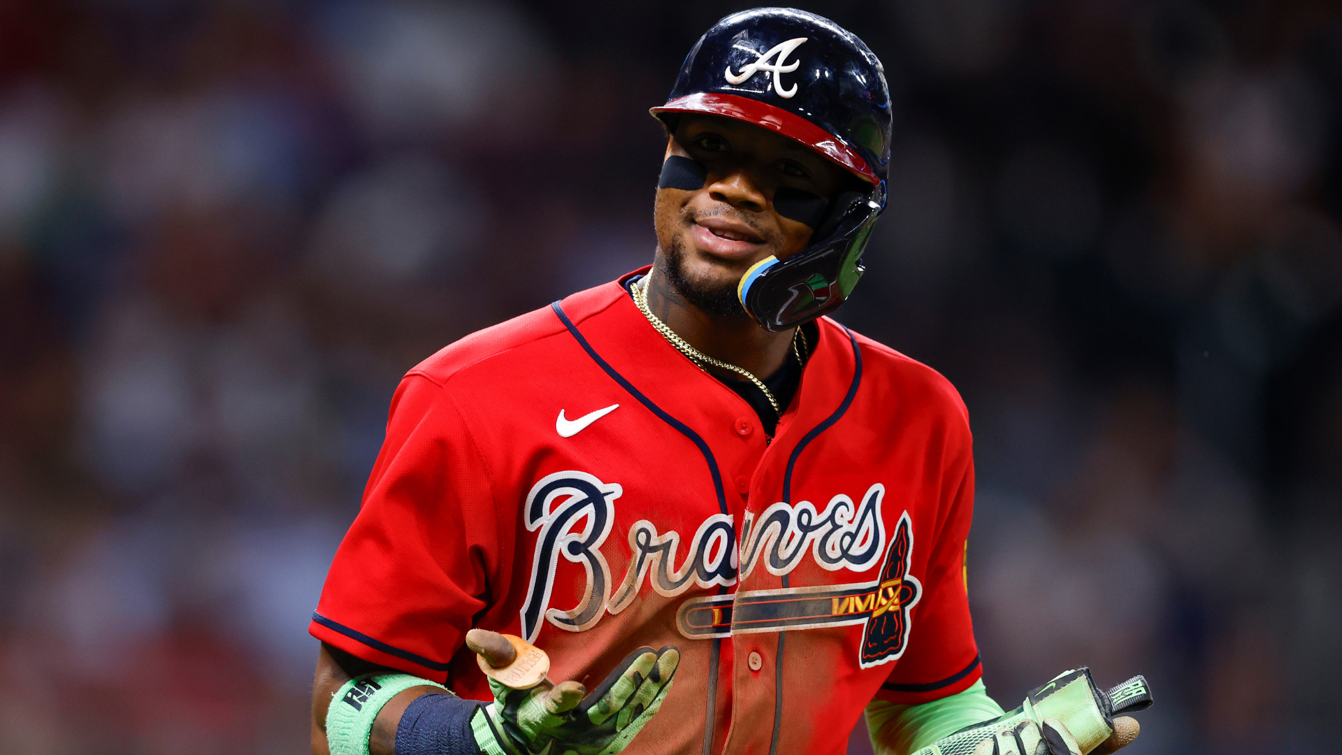 Ronald Acuna Jr. #13 of the Atlanta Braves reacts during the eighth inning against the Pittsburgh Pirates at Truist Park on June 5, 2026 in Atlanta, Georgia. (Photo by Todd Kirkland/Getty Images)