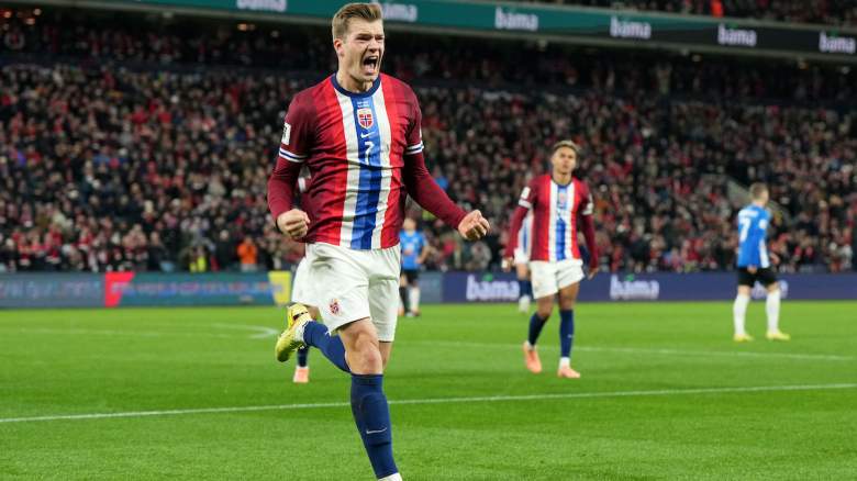 Alexander Sorloth of Norway celebrates scoring.