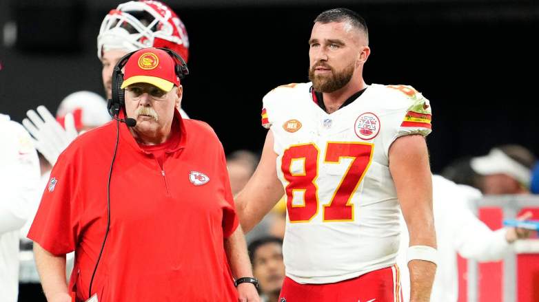 Head coach Andy Reid and Travis Kelce #87 of the Kansas City Chiefs look on during the second quarter of a game against the Las Vegas Raiders at Allegiant Stadium on November 26, 2023 in Las Vegas, Nevada
