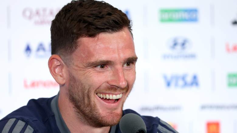 Andy Robertson #3 of Scotland attends a press conference.