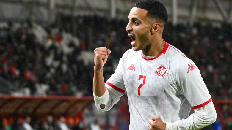 Tunisia's forward #07 Elias Achouri celebrates.