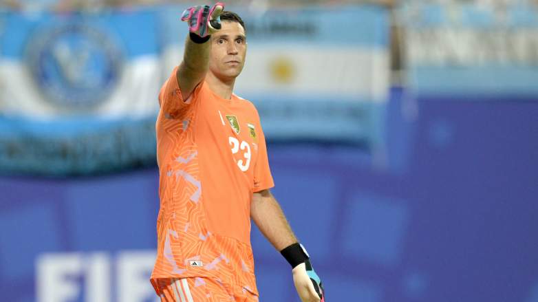 Argentina's goalkeeper #23 Emiliano Martinez gestures.